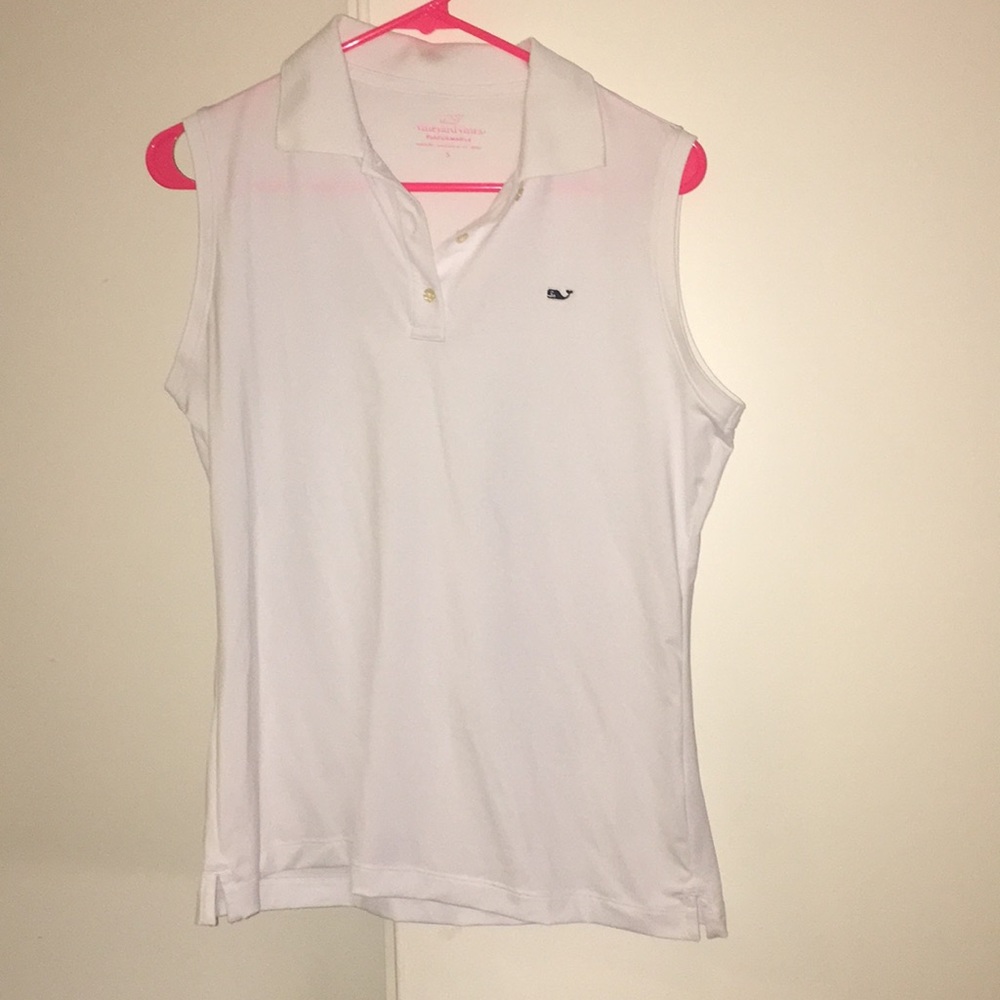 White sleeveless performance golf polo